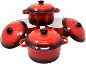 4 x kleine ovenschalen met deksel, mini-ovenvormen van keramiek, 200 ml, ronde vormpjes 10 x 5 cm, kleine ovenschaal, kleur: rood in een set van 4