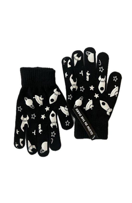 GLOW IN THE DARK Handschoenen - Ruimte Handschoenen - Kidshandschoenen - Space - GLOW In The Dark - Winter - ONE SIZE - Verkleedkleding - Zwart.