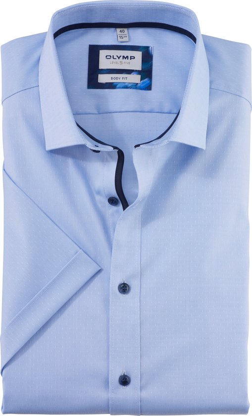 OLYMP Level 5 body fit overhemd - korte mouw - satijnbinding - bleu - Strijkvriendelijk - Boordmaat: 42