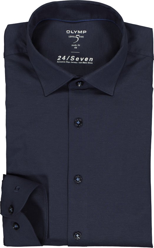 OLYMP Level 5 24/Seven body fit overhemd - mouwlengte 7 - marine blauw tricot - Strijkvriendelijk - Boordmaat: 38