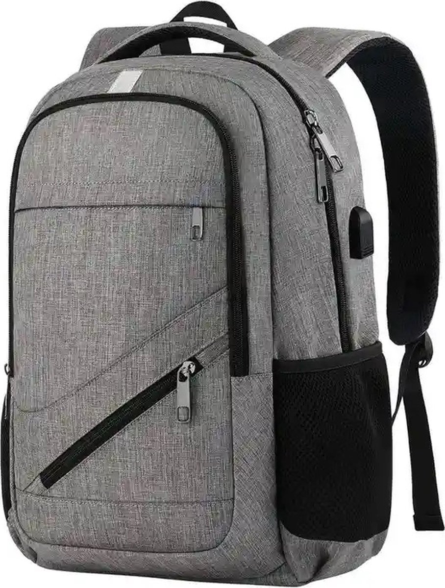 Hugh's Rugzak met USB Oplaad poort 17,3 inch Grijs Luxe Laptop Rugtas - Schooltas - Heren - Dames - Jongens - Meisjes - Waterafstotend - 31L