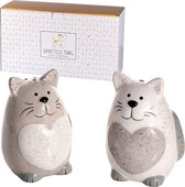 Zout- en peperstrooiers in kattendesign - gemaakt van keramiek - cadeau voor kattenliefhebbers - witte en grijze shakers met hartmotief - set van 2