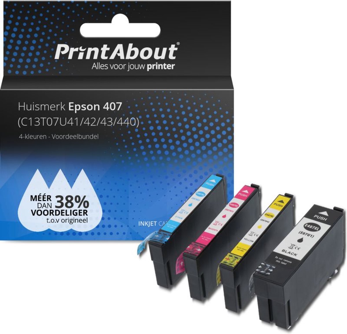 PrintAbout Huismerk Epson 407 (C13T07U41/42/43/440) Inktcartridge 4-kleuren Voordeelbundel