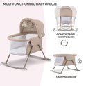 Beige wieg met kap en speelgoed. Inzet toont wieg als schommelstoel en campingbedje.