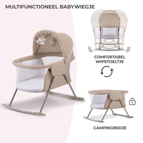Beige wieg met kap en speelgoed. Inzet toont wieg als schommelstoel en campingbedje.