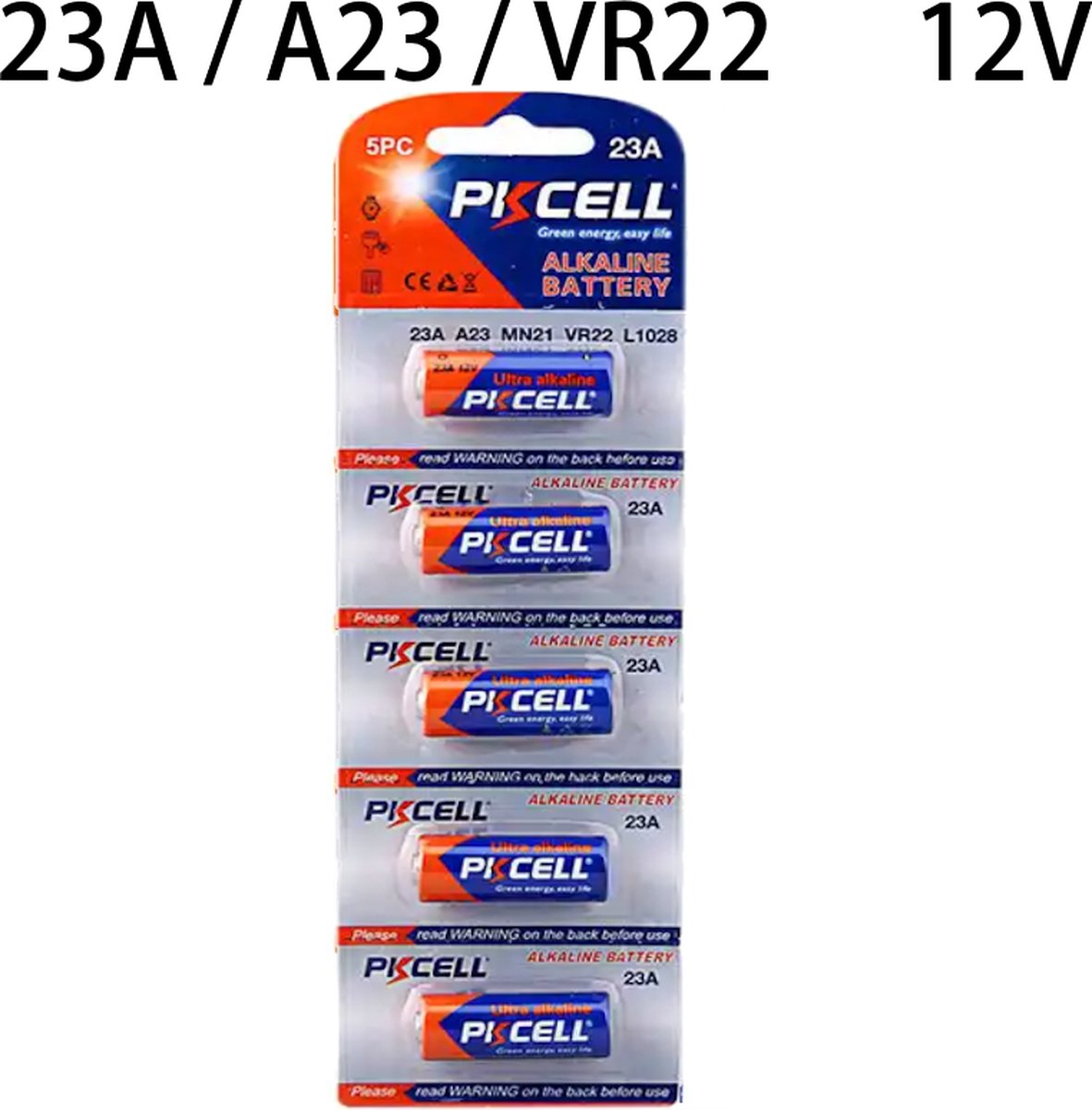 PKCELL 23A Alkaline 12V Batterij - Autosleutel - Draadloze Deurbel - Afstandsbediening - MN21 - VR22 - L1038 - V23GA- Blister - 5 Stuks