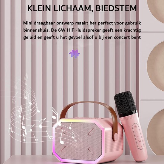 Draagbare Bluetooth-luidspreker met 2 Draadloze Microfoons, RGB Mini Karaoke -machineset Ondersteuning 512G-geheugen, Handheld Stereogeluidsmicrofoon voor Thuisfeest Verjaardag