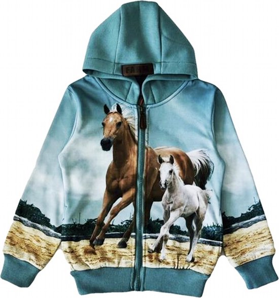 Kinder vest, hoodie, met paarden print, mintgroen, maat 92, horses, kind, ZEER MOOI!