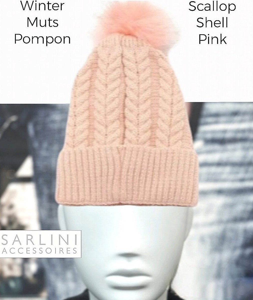 SARLINI accessoires - Herfst / Winter Beanie / Muts Pompon - Scallop Shell Pink - Polyester Grove Breiwerk - Faux Fur - vrouwen - volwassenen tieners - casual
