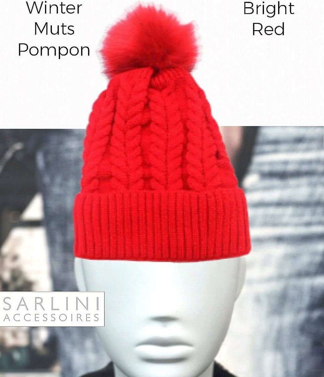 SARLINI accessoires - Herfst / Winter Beanie / Muts Pompon - Bright Red - Polyester Grove Breiwerk - Faux Fur - vrouwen - volwassenen tieners - casual