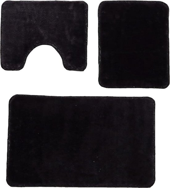 Badmatset, 3-delig, badkamertapijt, antislip, machinewasbaar 80 x 50 cm, badmat + 50 x 40 wc-mat, absorberend, wc-tapijt (zwart)