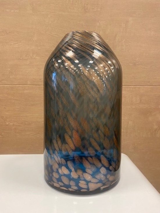 Vaas Barcelona | Large | Blauw - Goud | Cheetah - Tijgerprint | Uniek Design | Mond Geblazen Glas | H35 X D19,5 cm