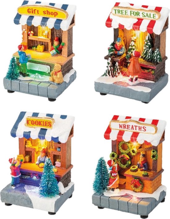 Set van 4x stuks Kerstdorp kersthuisjes met verlichting 11 cm - Kerstversiering kerstdorp maken - kerstdorp onderdelen kersthuisje