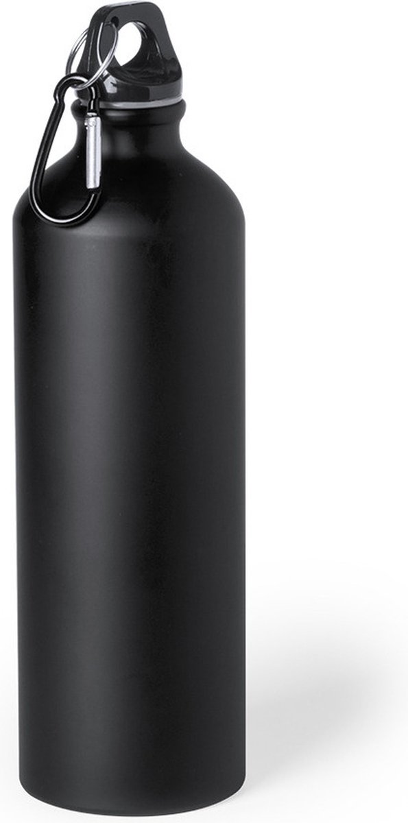 Aluminium waterfles/drinkfles zwart met schroefdop en karabijnhaak 800 ml - Sportfles - Bidon