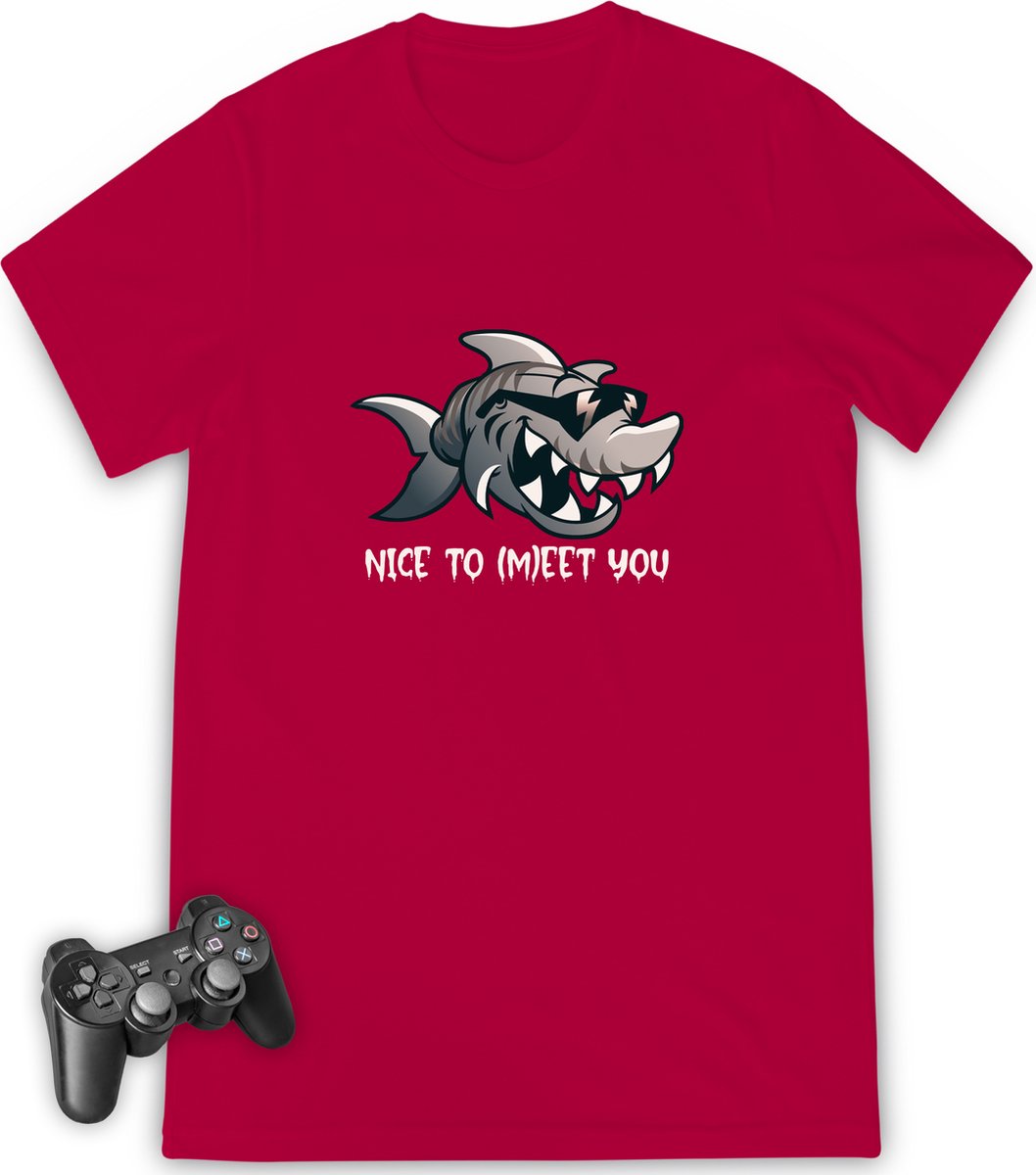 Jongens tshirt met haai print - Maten 92 t/m 164 - Shirt kleuren zwart en rood.