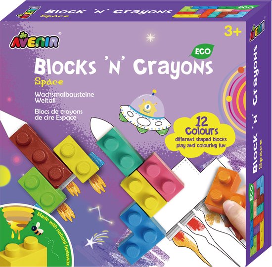 Avenir Blocks 'N Crayons : SPACE, 12 couleurs et 3 formes de blocs, 3 pages à colorier, en cire d'abeille (10%), en boîte, 3+