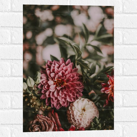 WallClassics - Muursticker - Close-Up van Rood/Roze en Witte Bloemen - 40x60 cm Foto op Muursticker