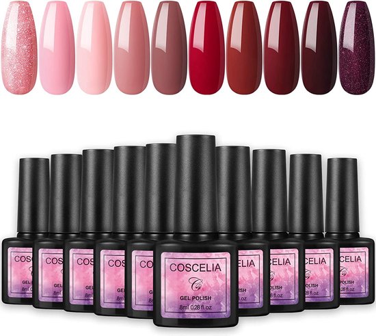 Coscelia premium 10 kleuren gellak set – gellak nagellak gellak starterspakket – pink gellac starter set – gellak base en topcoat