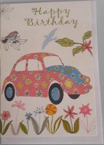 Happy Birthday! Een vrolijke kaart met een auto vol bloemen. Daar omheen staan natuurlijk ook nog vrolijke bloemen. Een leuke kaart om zo te geven of om bij een cadeau te voegen. Een dubbele wenskaart inclusief envelop en in folie verpakt.