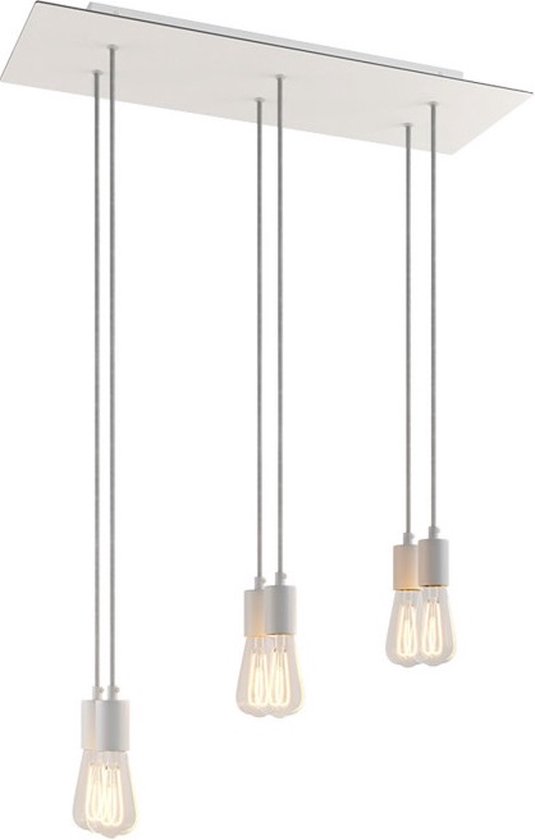 6-lichts hanglamp wit 67.5cm rechthoekig XXL Rose-One stoffen kabel en metalen afwerking