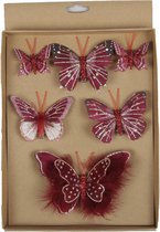 12x stuks decoratie vlinders op clip donkerrood - Kerstversiering/woondecoratie/bruiloft versiering