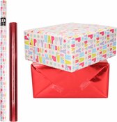 6x Rollen kraft inpakpapier happy birthday pakket - metallic rood 200 x 70/50 cm - cadeau/verzendpapier