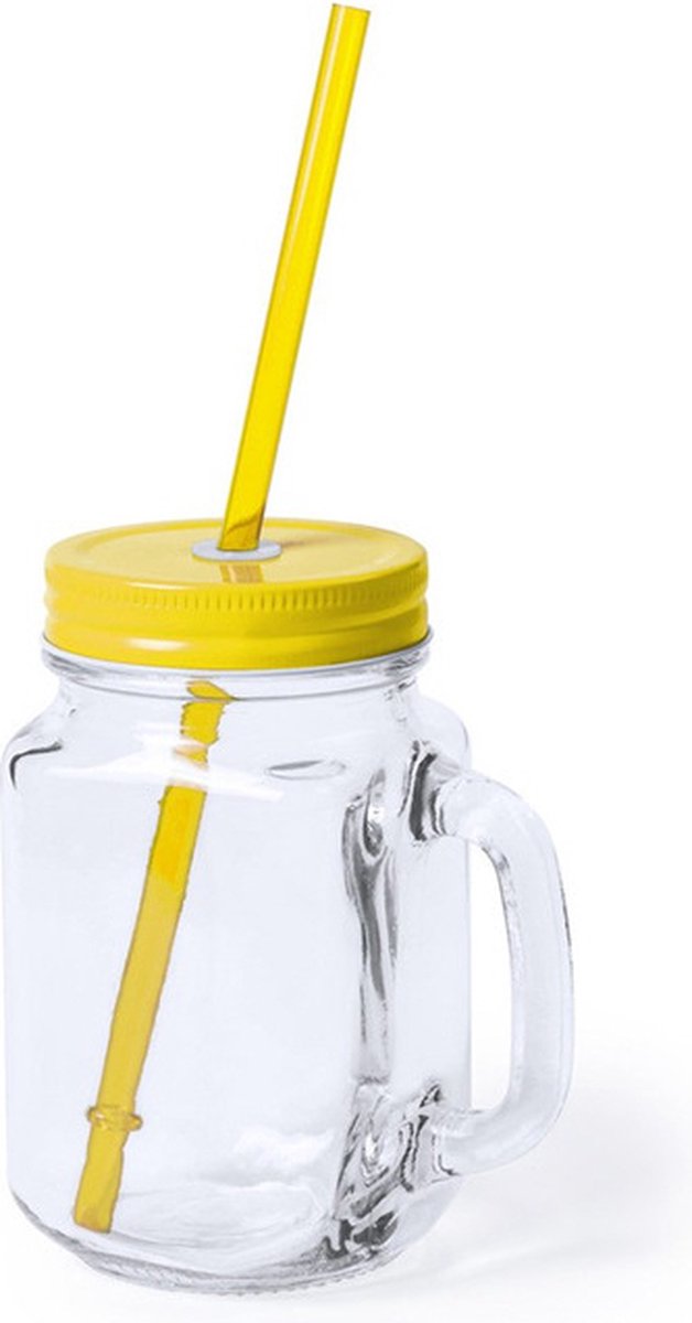 4x stuks Glazen Mason Jar drinkbekers gele dop en rietje 500 ml - afsluitbaar/niet lekken/fruit shakes van Mason Jar — afbeelding 3