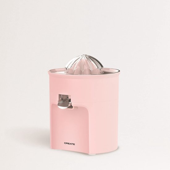Roze citruspers met transparante juicer opzetstuk en 'CREATE' logo op de voorkant.