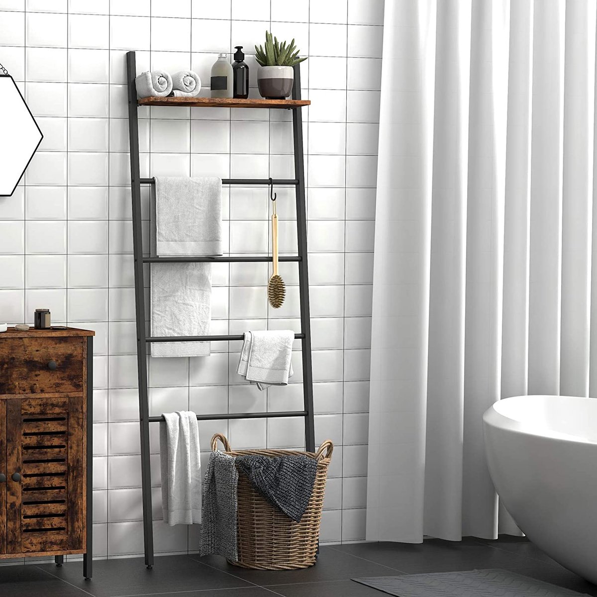 Signature Home Palmer Handdoekenrek - Ladderrek - 5 Tier Handdoekenrek - Stevig badkamerrek - Handdoekladder - Industriële - Vintage - Bruin/Zwart