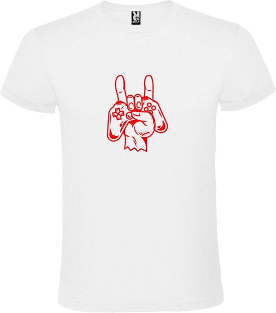 Wit T shirt met print van " Gamecontroller in Hand " print Rood size XXXL