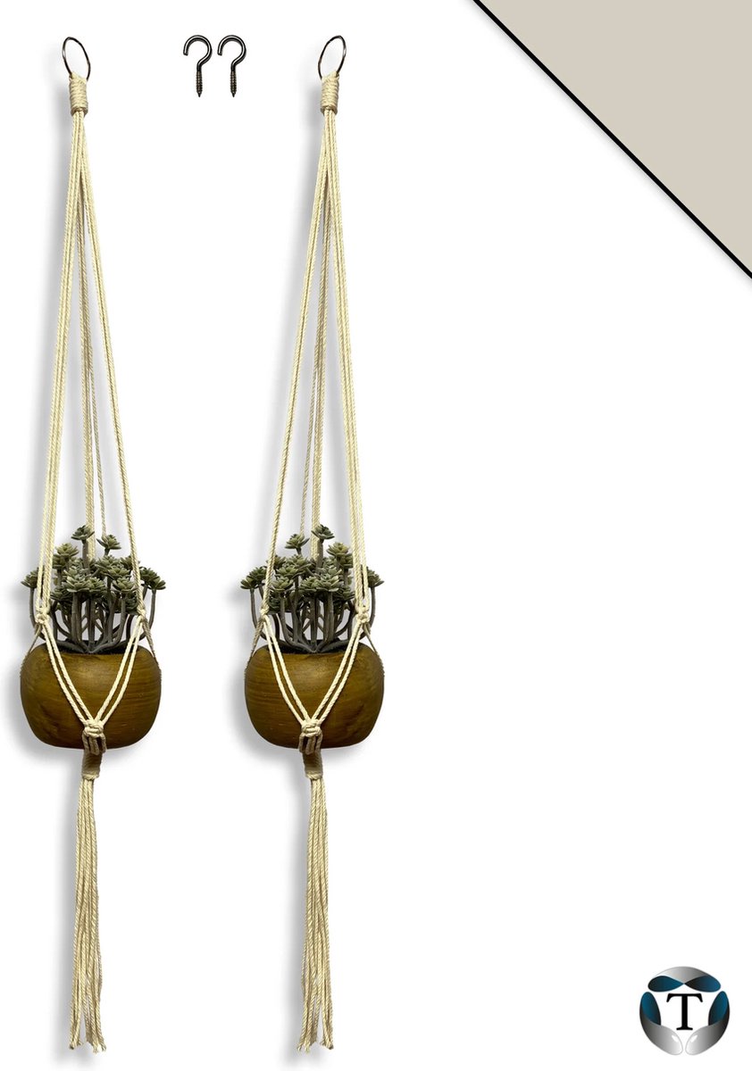 Luxe Plantenhangers | Beige | Set van 2 stuks | Incl. Ophanghaken | 100% Katoen | 100% Handgemaakt | Macramé | Plantenpot Ophangen | Binnen & Buiten | Planten | TheOldOmen |