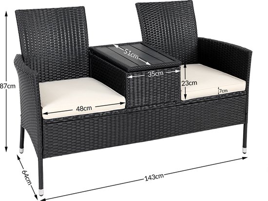 Zwarte polyrattan bank met crèmekleurige kussens, met afmetingen gemarkeerd: 143x87x64cm.