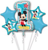 Folie ballon boeket Mickey Mouse 1 jaar 5 stuks