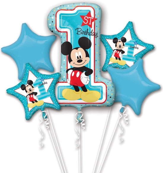 Folie ballon boeket Mickey Mouse 1 jaar 5 stuks