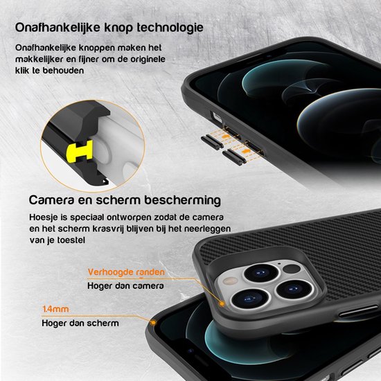 Zwart carbon fiber hoesje op een iPhone 13 Pro, met focus op onafhankelijke knoptechnologie en camera/scherm bescherming.