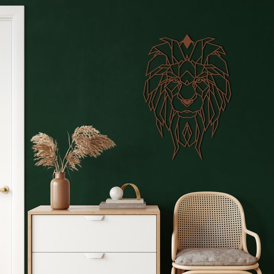 Wanddecoratie | Geometrische Leeuwenkop / Geometric Lion Head | Metal - Wall Art | Muurdecoratie | Woonkamer | Buiten Decor |Bronze| 32x45cm