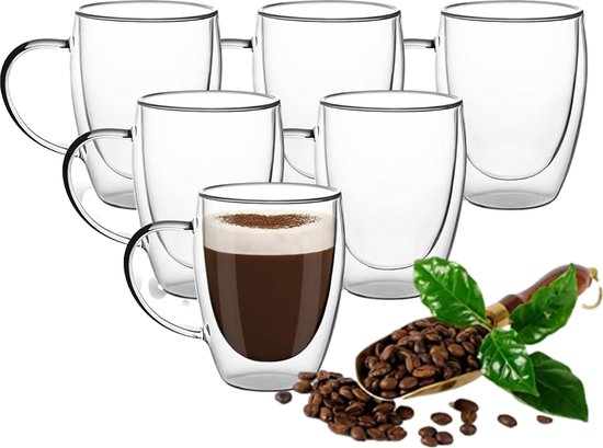 Dubbelwandige Koffieglazen - 6 stuks - 350ML - Glazen met Oor | bol