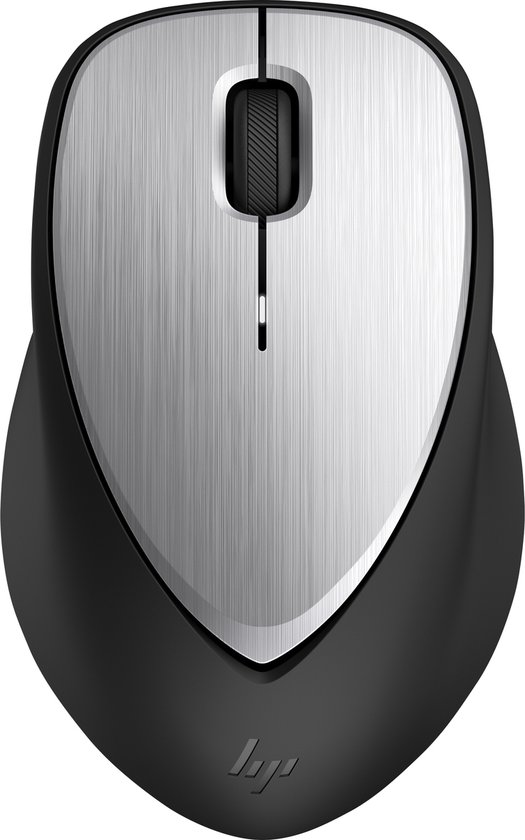 Zilverkleurige HP muis met geborsteld metaal en zwarte basis.