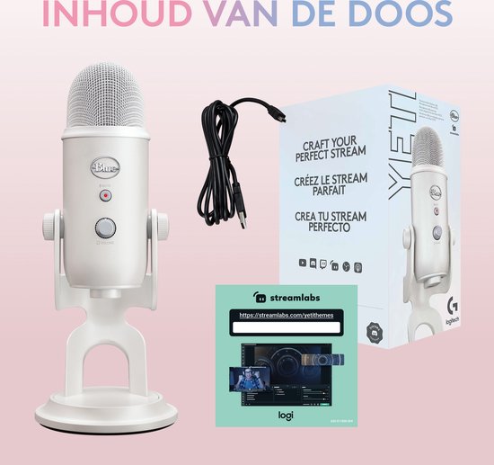 White Mist Yeti microfoon, kabel, doos en Streamlabs code.