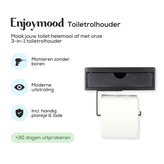 Enjoymood® RVS Toiletrolhouder met Plankje - WC Rolhouder Zwart Zonder Boren –Toiletpapierhouder Zelfklevend – Met Lade - Enjoymood