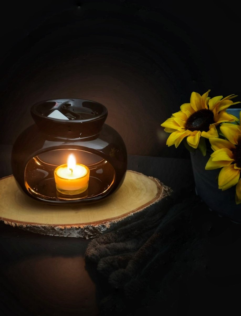 Olie- en Wax Geurbrander Zwart - Ovale Dubbele Schaal - Keramiek - water en etherische olie - geurolie - wax melts - wax taartjes - wax granules