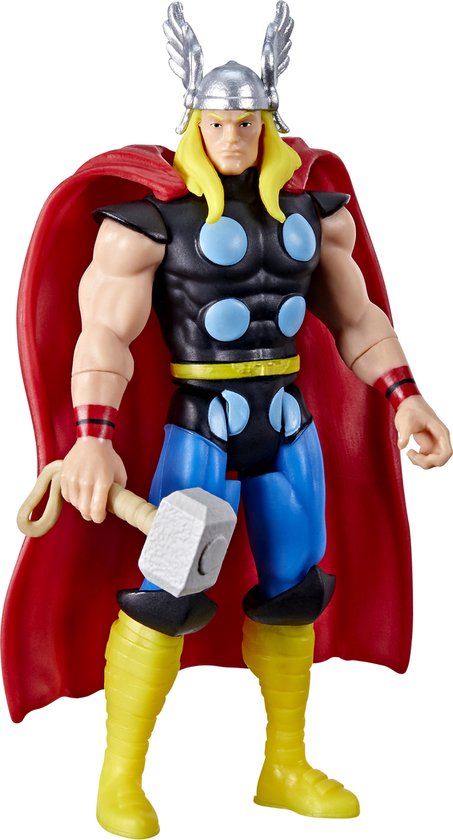 Thor actiefiguur met blonde haren, rode cape en Mjolnir in zijn hand.