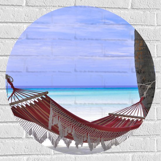 WallClassics - Muursticker Cirkel - Hangmat op het Strand - 70x70 cm Foto op Muursticker