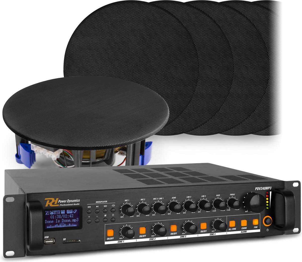 4-zone geluidsinstallatie met versterker met Bluetooth en 24 zwarte plafondspeakers (6'') - 100V