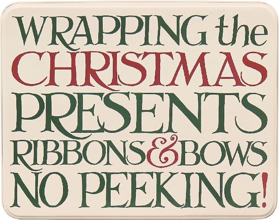 Boîte crème avec texte de Noël: WRAPPING the CHRISTMAS PRESENTS RIBBONS & BOWS NO PEEKING!