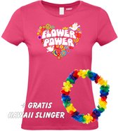 Dames T-shirt Flower Power Hart | Love for all | Gay Pride | Regenboog LHBTI | Fuchsia dames | maat L