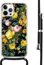 Hoesje met koord - Geschikt voor iPhone 12 Pro Max - Bloemen geel - Verstelbaar zwart koord - Transparant, Geel - Bloemen - Leuke Telefoonhoesjes