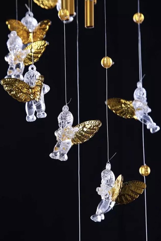 engelen windgong met 11 kleine engeltjes onder elkaar in gouden kleur (Kunststof en aluminium)