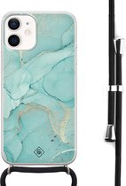 Casimoda® hoesje met koord - Geschikt voor iPhone 12 Mini - Marmer mint groen - Afneembaar koord - Siliconen/TPU - Mint