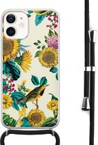 Casimoda® hoesje met koord - Geschikt voor iPhone 12 Mini - Zonnebloemen / Bloemen - Afneembaar koord - Siliconen/TPU - Geel